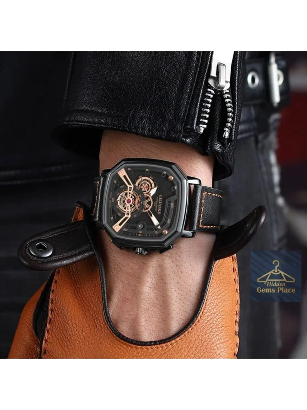 Men's Skeleton Quartz Watch, Luminous Big Face, Leather Strap, 30M Water